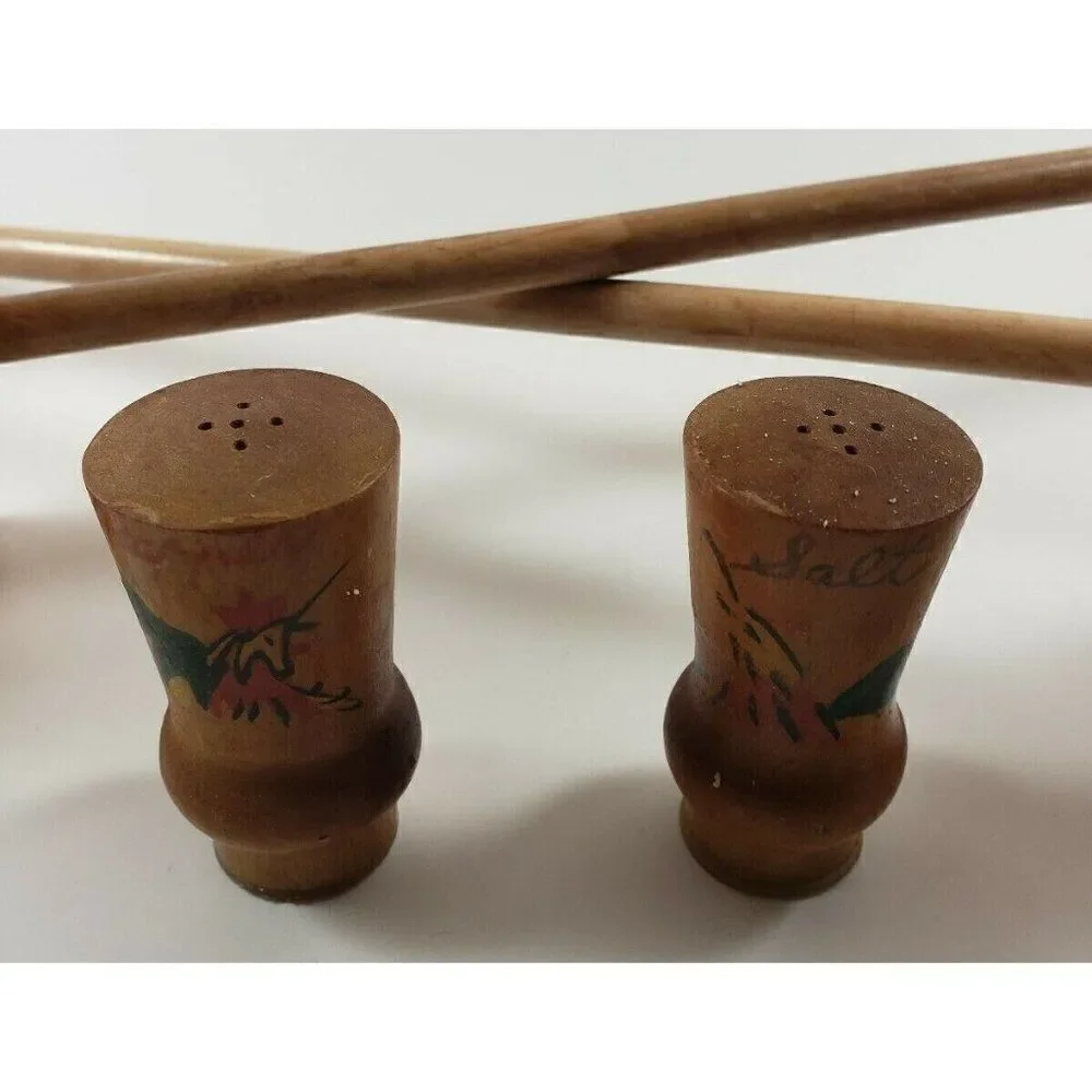 Vintage Mid Century Two Sets Wooden Salt & Pepper Shakers Rooster Chicken 1950s